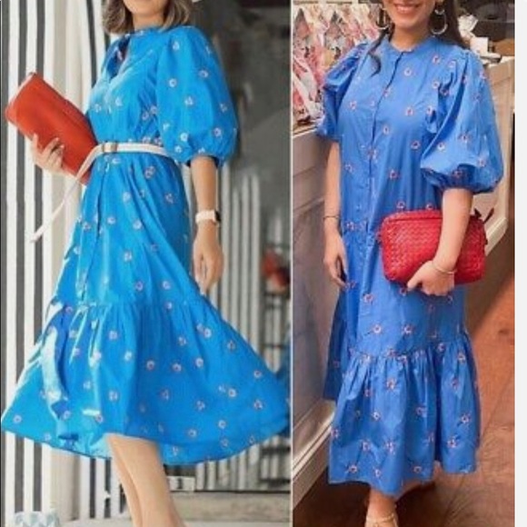 Zara Dresses Zara Blue Floral Puff Sleeve Voluminous Embroidered
